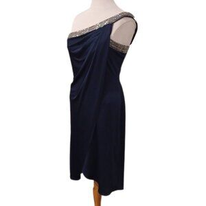 JS Boutique Navy 1 Shoulder Drape Front Silver Beaded Cocktail Dress- Sz. 8